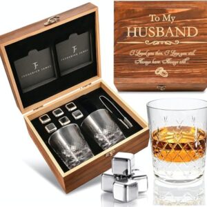 FJ FREDERICK JAMES Valentines Day Gifts for Him, Wedding Anniversary for Him, Anniversary for Husband from Wife - Crystal Whiskey Glass Set -Engraved 'to My Husband' inc. Box, Cooling Stones - fo