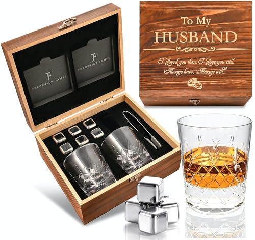 FJ FREDERICK JAMES Valentines Day Gifts for Him, Wedding Anniversary for Him, Anniversary for Husband from Wife - Crystal Whiskey Glass Set -Engraved 'to My Husband' inc. Box, Cooling Stones - fo