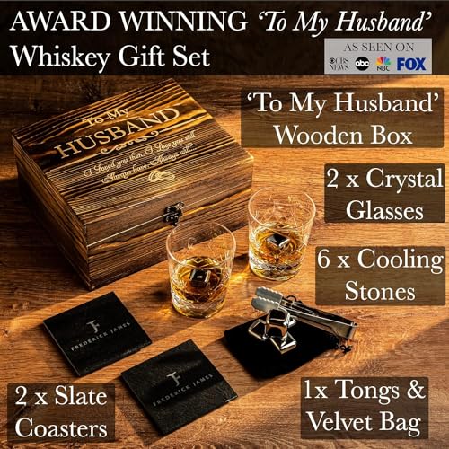 FJ FREDERICK JAMES Valentines Day Gifts for Him, Wedding Anniversary for Him, Anniversary for Husband from Wife - Crystal Whiskey Glass Set -Engraved 'to My Husband' inc. Box, Cooling Stones - fo