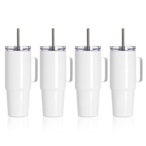 pyd life sublimation tumblers blanks with handle 30 oz white coffee mugs insulated reusable travel cups with leakproof lid and stainless straw for tumbler heat press 4 pack