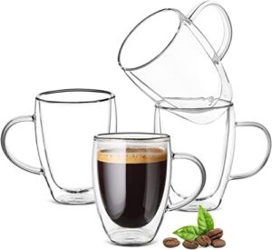 ulrikco 12oz double walled glass coffee mugs with handle, clear cappuccino glass mug set of 4, insulated layer coffee cups, clear borosilicate glass mugs, glasses espresso mugs for coffee
