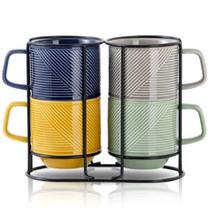 adewnest stackable coffee mugs with rack : ceramic coffee mugs set of 4 for latte/cappuccino- stable stacking coffee cups with stand - colorful stacked tea mugs for home & office - 13 oz