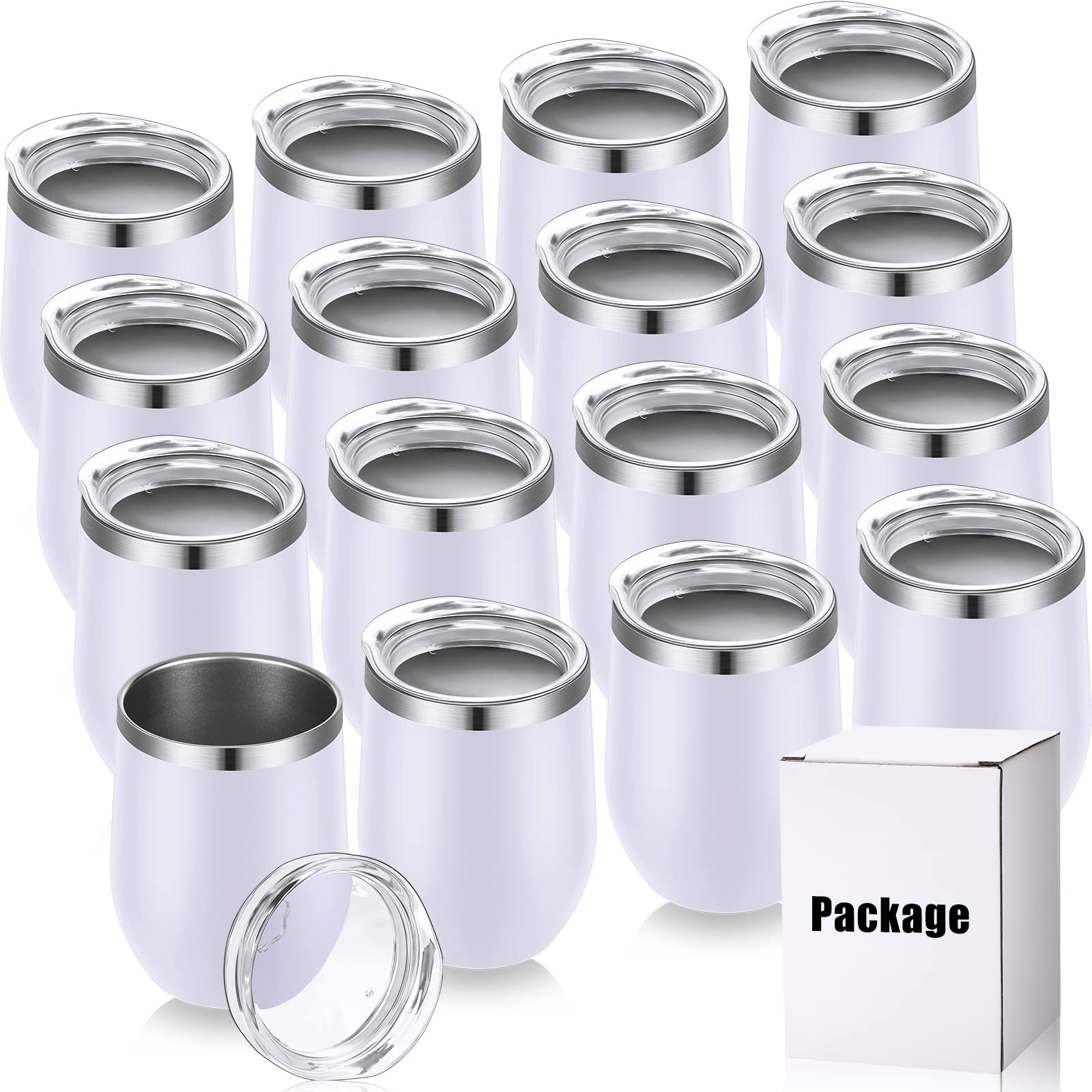 Remagr 16 Pack Stainless Steel Wine Tumblers 12 Oz Insulated Vacuum Wine Cup Set Double Wall Stainless Steel Stemless Wine Mug Glasses for Wine Coffee Soda Whiskey Outdoor Travel (White)