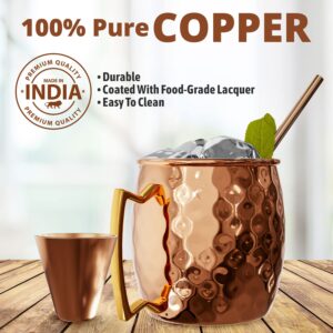 Bliss Bar 16 Oz Moscow Mule Cups Set of 4 | Pure Solid Copper Moscow Mule Mugs| Premium Quality Copper Straws and Shot Glass Included for Perfect Cocktail Experience