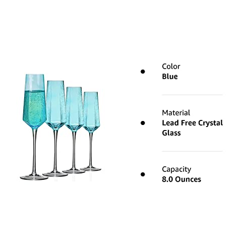 ziixon Champagne Flutes 8Oz Blue Wedding Champagne Glasses Classy Champagne Flutes Elegant Crystal Champagne Flutes Set of 4 for Anniversary Christmas (Blue)