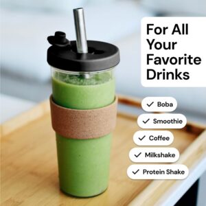 Dodoko Reusable Boba Cup and Straw Boba Tea Cup Bubble Tea Cup Reusable Iced Coffee Cup Cold Coffee Cup Smoothie Cup with Lid and Straw Smoothie Cup to go Smoothie Tumbler 24 oz - Night Black