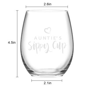 Auntie’s Sippy Cup - Aunt Wine Glass, 15Oz Stemless Wine Glass for Mother's Day Birthday Women Aunts Sisters - Aunt Wine Glass from Niece Nephew