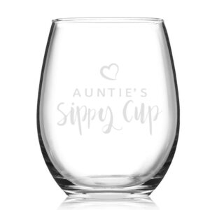 Auntie’s Sippy Cup - Aunt Wine Glass, 15Oz Stemless Wine Glass for Mother's Day Birthday Women Aunts Sisters - Aunt Wine Glass from Niece Nephew