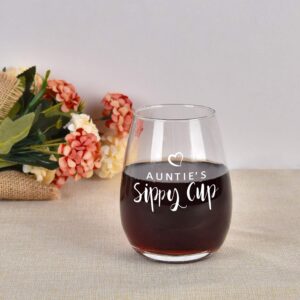 Auntie’s Sippy Cup - Aunt Wine Glass, 15Oz Stemless Wine Glass for Mother's Day Birthday Women Aunts Sisters - Aunt Wine Glass from Niece Nephew