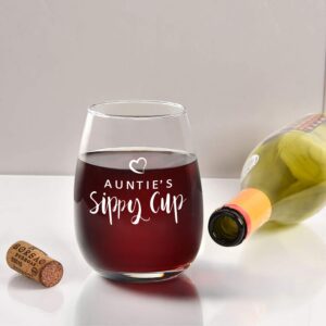 Auntie’s Sippy Cup - Aunt Wine Glass, 15Oz Stemless Wine Glass for Mother's Day Birthday Women Aunts Sisters - Aunt Wine Glass from Niece Nephew