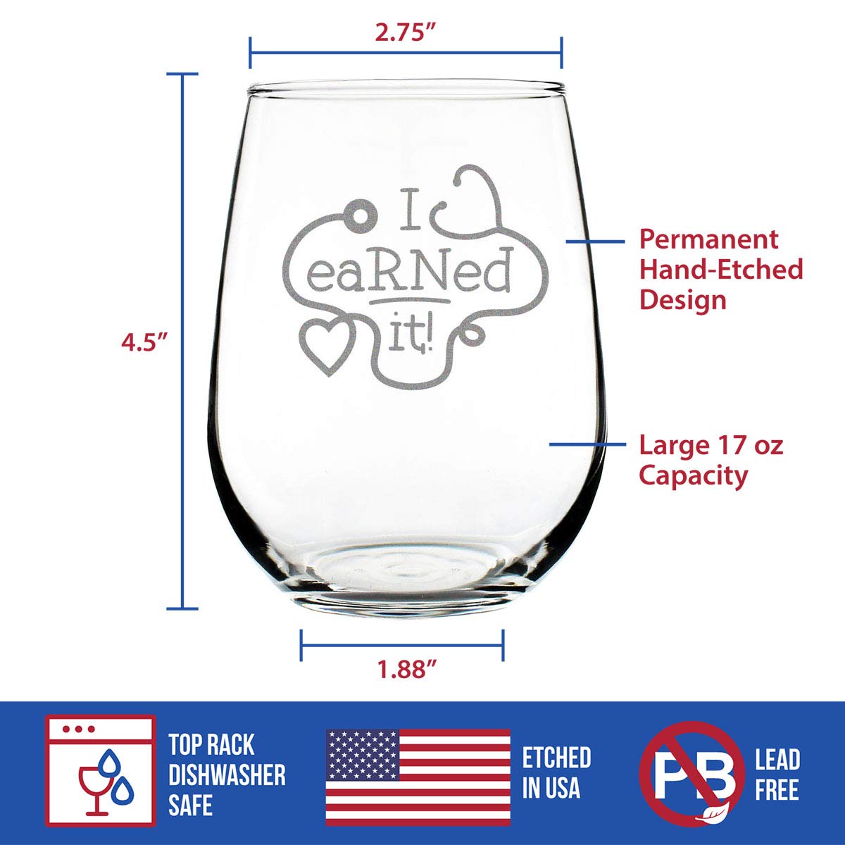 I eaRNed it – Cute Funny Registered Nurse Stemless Wine Glass - Healthcare Themed Gifts or Party Decor for Women and Men - Large 17 oz