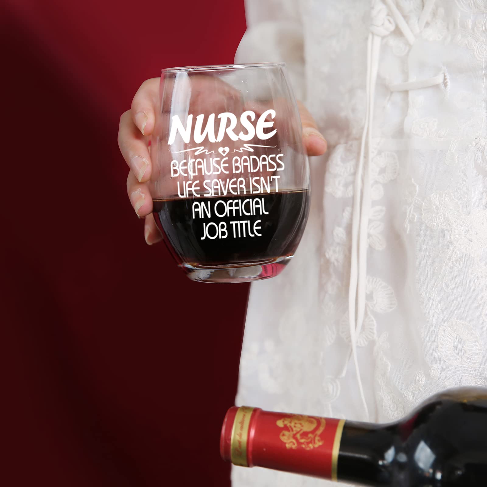Nurse Gifts Stemless Wine Glass, Nurse Because Badass Life Saver Isn't An Official Job Title Wine Glass, Christmas Gift Nurse Week Appreciation Gift Nursing Graduation Gifts for Nurse, 15 Oz
