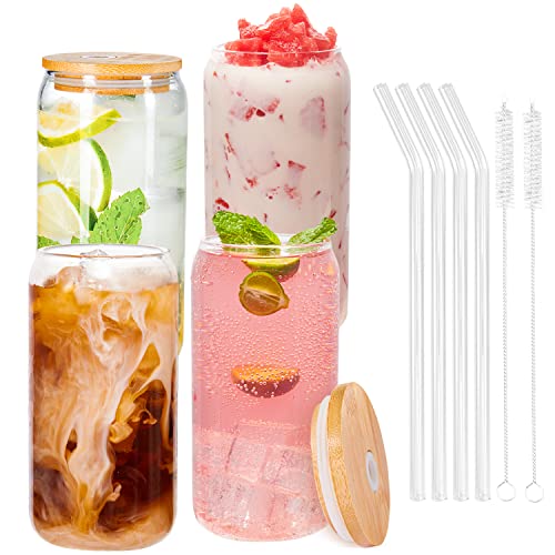 YSJILIDE Glass Cups with Bamboo Lids and Glass Straws 4 Set, 16oz Can Shaped Drinking Glass Cups, Iced Coffee Cup, beer glasses Ideal for cocktails, whisky, juice, DIY, Gifts - 2 Cleaning Brushes