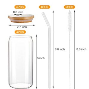 YSJILIDE Glass Cups with Bamboo Lids and Glass Straws 4 Set, 16oz Can Shaped Drinking Glass Cups, Iced Coffee Cup, beer glasses Ideal for cocktails, whisky, juice, DIY, Gifts - 2 Cleaning Brushes