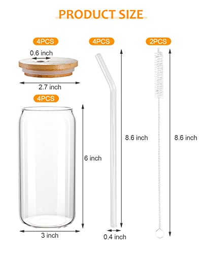 YSJILIDE Glass Cups with Bamboo Lids and Glass Straws 4 Set, 16oz Can Shaped Drinking Glass Cups, Iced Coffee Cup, beer glasses Ideal for cocktails, whisky, juice, DIY, Gifts - 2 Cleaning Brushes