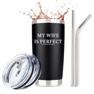 jenvio husband gifts from wife | my wife is perfect | stainless steel travel tumbler with 2 lids 2 straws gift box and card | funny cup happy for mens from anniversary stuff valentine's day gift