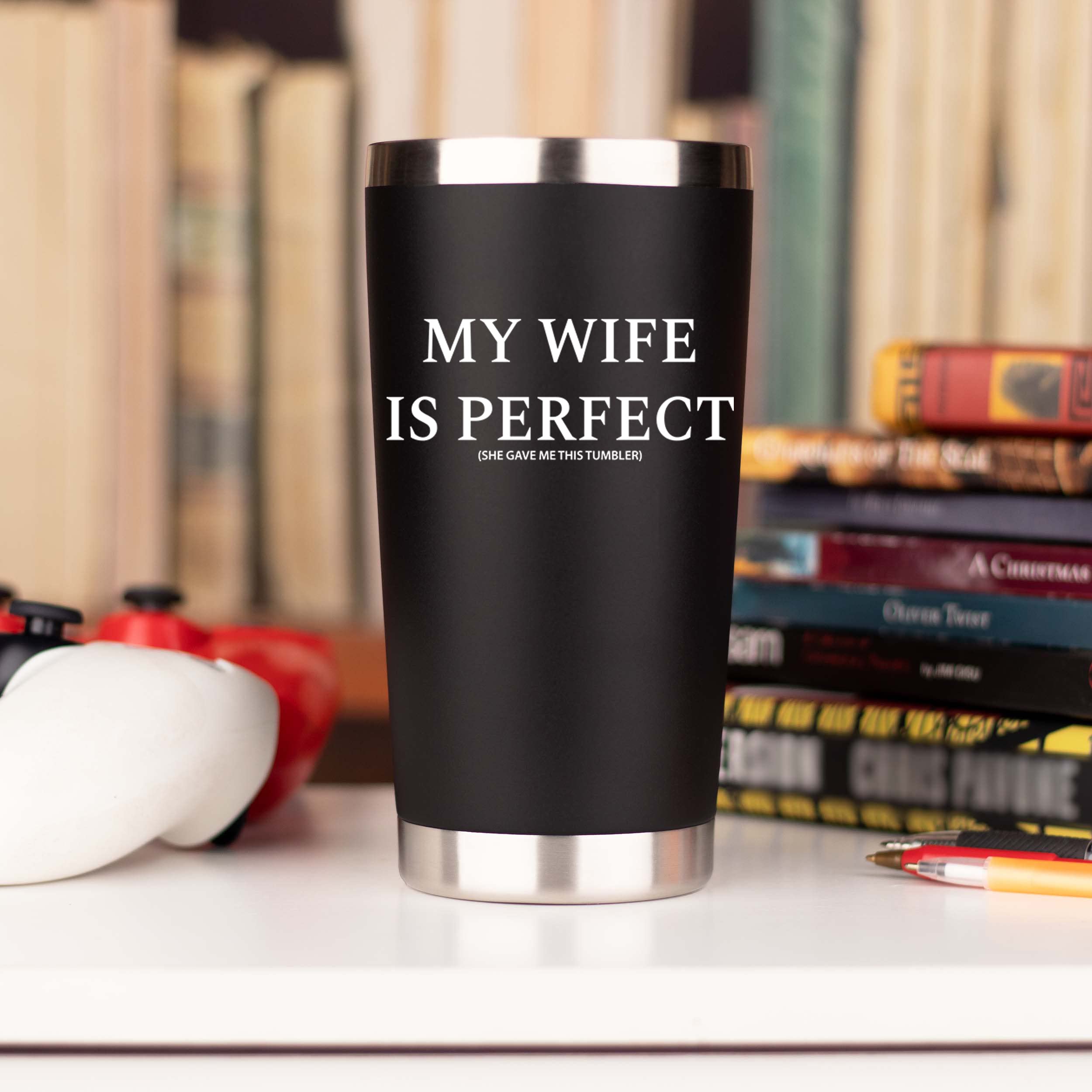 JENVIO Husband Gifts from Wife | My Wife is Perfect | Stainless Steel Travel Tumbler with 2 Lids 2 Straws Gift Box and Card | Funny Cup Happy For Mens From Anniversary Stuff Valentine's Day Gift
