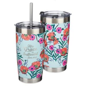 christian art gifts stainless steel double-wall vacuum insulated tumbler w/straw & lid 18 oz teal floral inspirational bible verse travel mug for women - his grace is sufficient - 2 cor. 12:9