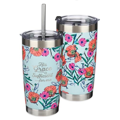 Christian Art Gifts Stainless Steel Double-Wall Vacuum Insulated Tumbler w/Straw & Lid 18 oz Teal Floral Inspirational Bible Verse Travel Mug for Women - His Grace is Sufficient - 2 Cor. 12:9