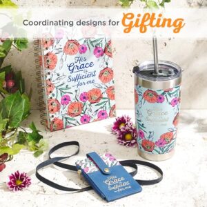 Christian Art Gifts Stainless Steel Double-Wall Vacuum Insulated Tumbler w/Straw & Lid 18 oz Teal Floral Inspirational Bible Verse Travel Mug for Women - His Grace is Sufficient - 2 Cor. 12:9