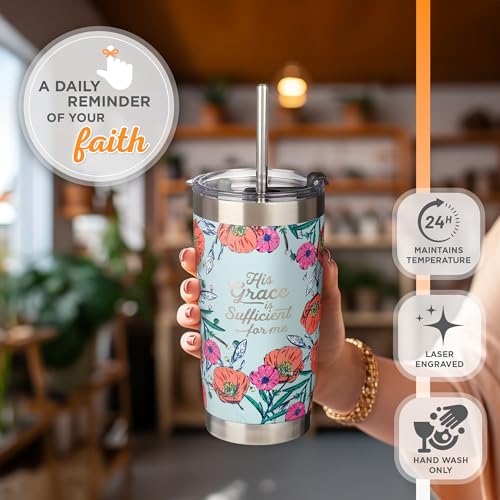 Christian Art Gifts Stainless Steel Double-Wall Vacuum Insulated Tumbler w/Straw & Lid 18 oz Teal Floral Inspirational Bible Verse Travel Mug for Women - His Grace is Sufficient - 2 Cor. 12:9