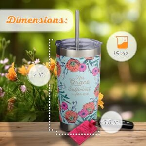 Christian Art Gifts Stainless Steel Double-Wall Vacuum Insulated Tumbler w/Straw & Lid 18 oz Teal Floral Inspirational Bible Verse Travel Mug for Women - His Grace is Sufficient - 2 Cor. 12:9