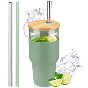 kytffu tumbler with lid and straw, 24 oz glass tumbler fits cup holder, smoothie cup iced coffee tumbler for bubble tea, water, juice, with silicone sleeve straw cleaning brush, olive