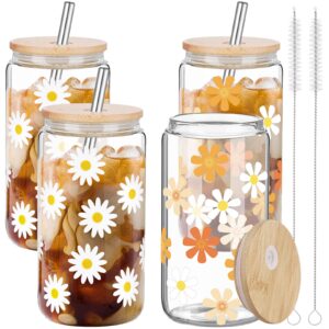 nuenen 4 pcs 16oz daisy flower glass cup with lids and straws iced coffee glass cup cute aesthetic cups glass coffee tumbler for women friend her birthday gifts (daisy)