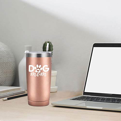 GINGPROUS Dog Mom Travel Tumbler Dog Lover Gifts for Women, Funny Travel Tumbler Gifts for Mother's Day Dog Mom Dog Lover Daughter Wife Friend, 20 Oz Insulated Travel Tumbler, Rose Gold