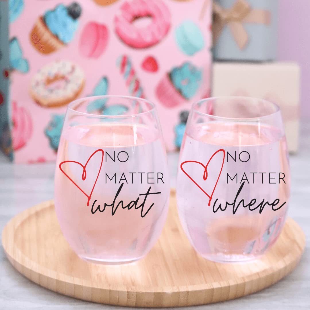 Celebrimo No Matter What, No Matter Where Best Friend Wine Glass Set of 2 For Women. Long Distance Friendship Birthday Gift for Soul Sister, Friends Female, Bestie Woman - Matching Gifts Wine Glasses