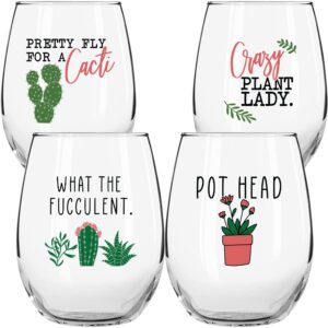 succulent plant cactus wine gifts for women- set of 4 funny wine glasses 15oz - plant lover gift mug - what the fucculent- crazy plant lady glass tumbler - stemless glasses housewarming gift