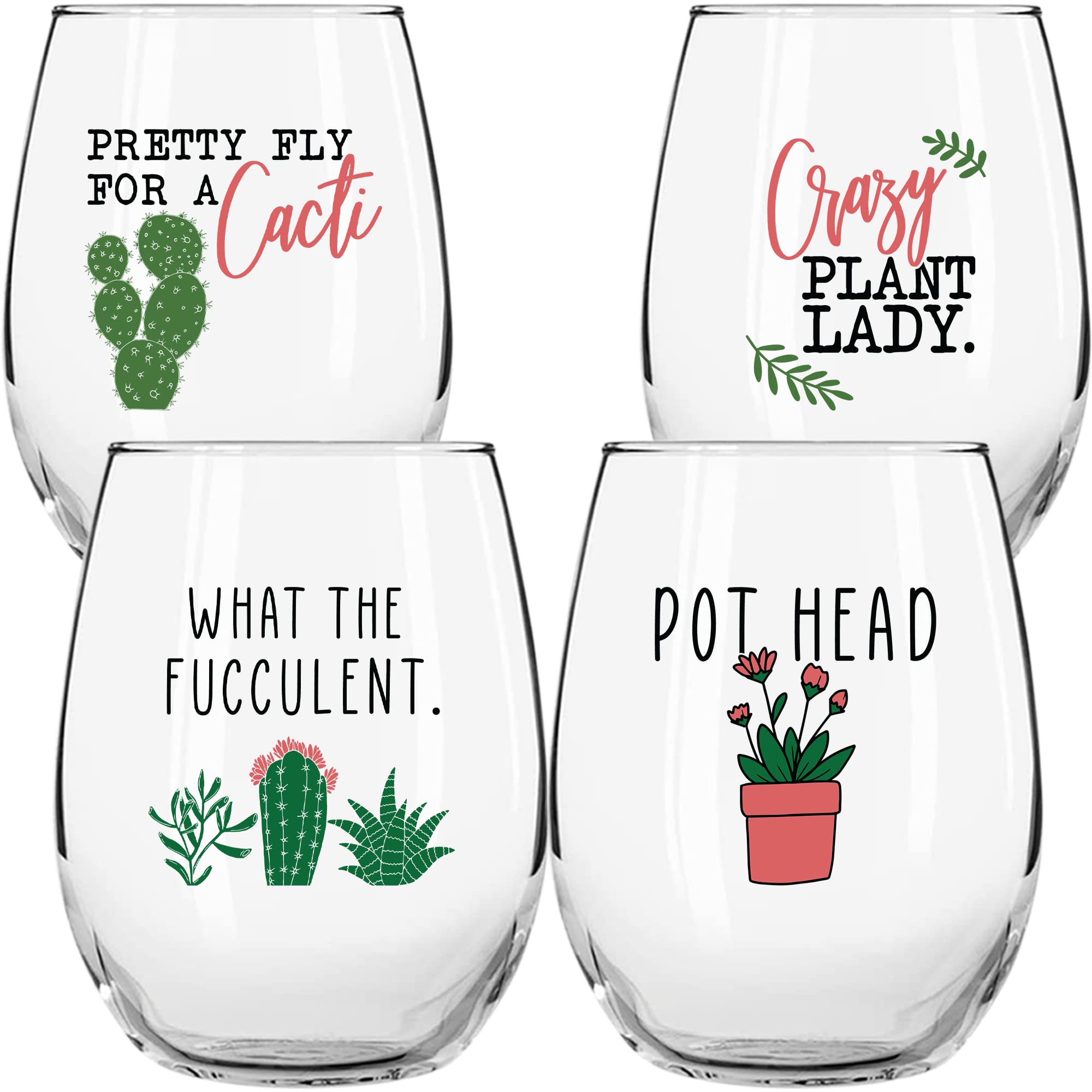 Succulent Plant Cactus Wine Gifts for Women- Set of 4 Funny Wine Glasses 15oz - Plant Lover Gift Mug - What the Fucculent- Crazy Plant Lady Glass Tumbler - Stemless Glasses Housewarming Gift