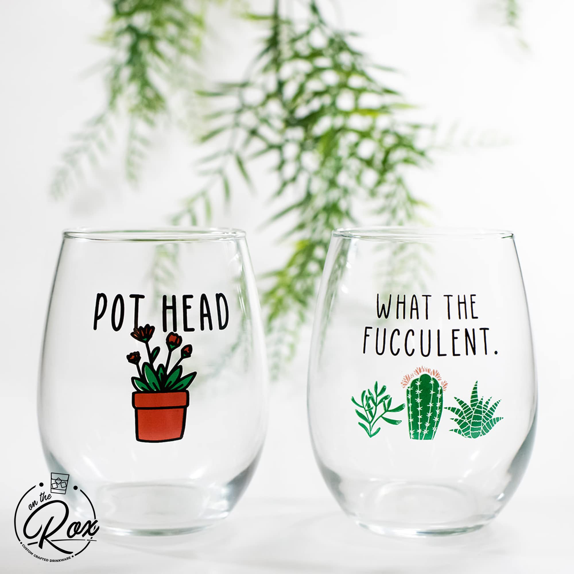 Succulent Plant Cactus Wine Gifts for Women- Set of 4 Funny Wine Glasses 15oz - Plant Lover Gift Mug - What the Fucculent- Crazy Plant Lady Glass Tumbler - Stemless Glasses Housewarming Gift