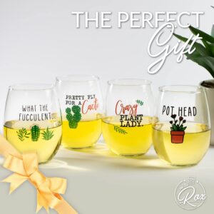 Succulent Plant Cactus Wine Gifts for Women- Set of 4 Funny Wine Glasses 15oz - Plant Lover Gift Mug - What the Fucculent- Crazy Plant Lady Glass Tumbler - Stemless Glasses Housewarming Gift