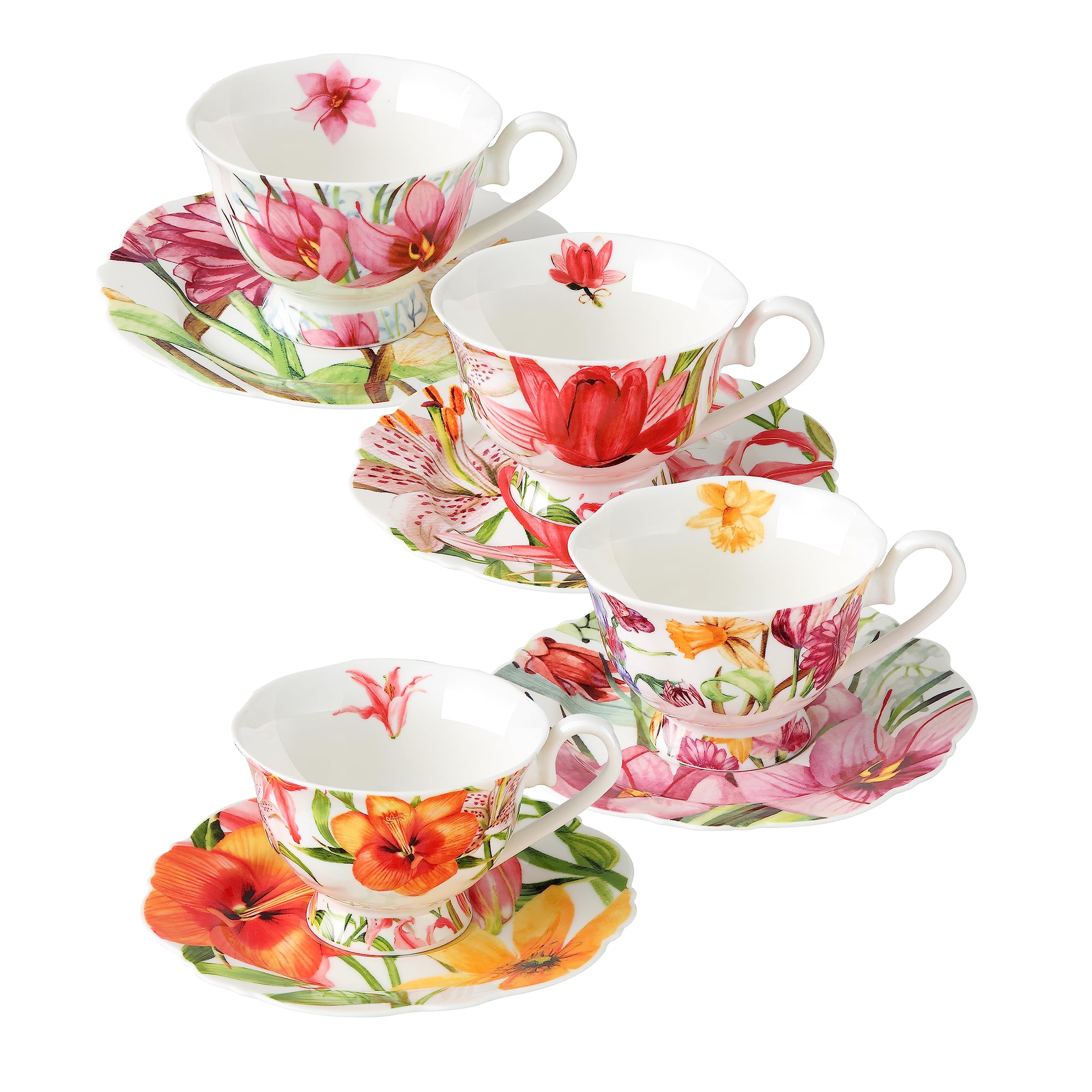 PULCHRITUDIE Eileen's Reserve Teacup and Saucer Set Fine China Tea Party Gift, Set of Four…