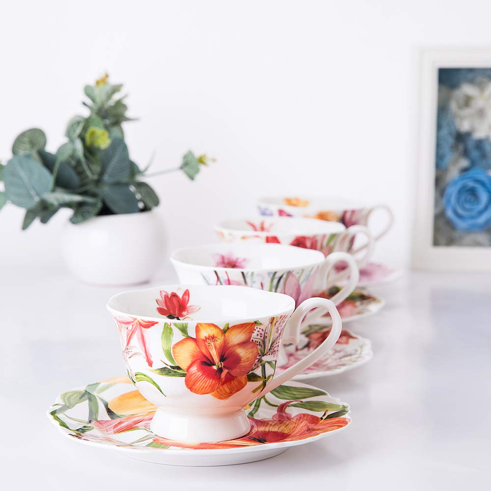 PULCHRITUDIE Eileen's Reserve Teacup and Saucer Set Fine China Tea Party Gift, Set of Four…