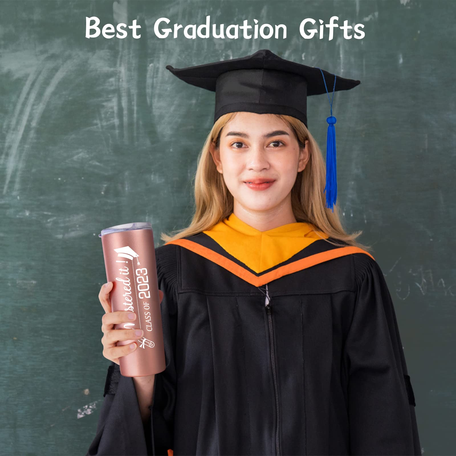 Lifecapido Graduation Gifts, Mastered It Class of 2023 Skinny Tumbler with Lid and Straw, Graduation 20oz Stainless Steel Tumbler for High School College Graduates, Masters Graduates, Rose Gold