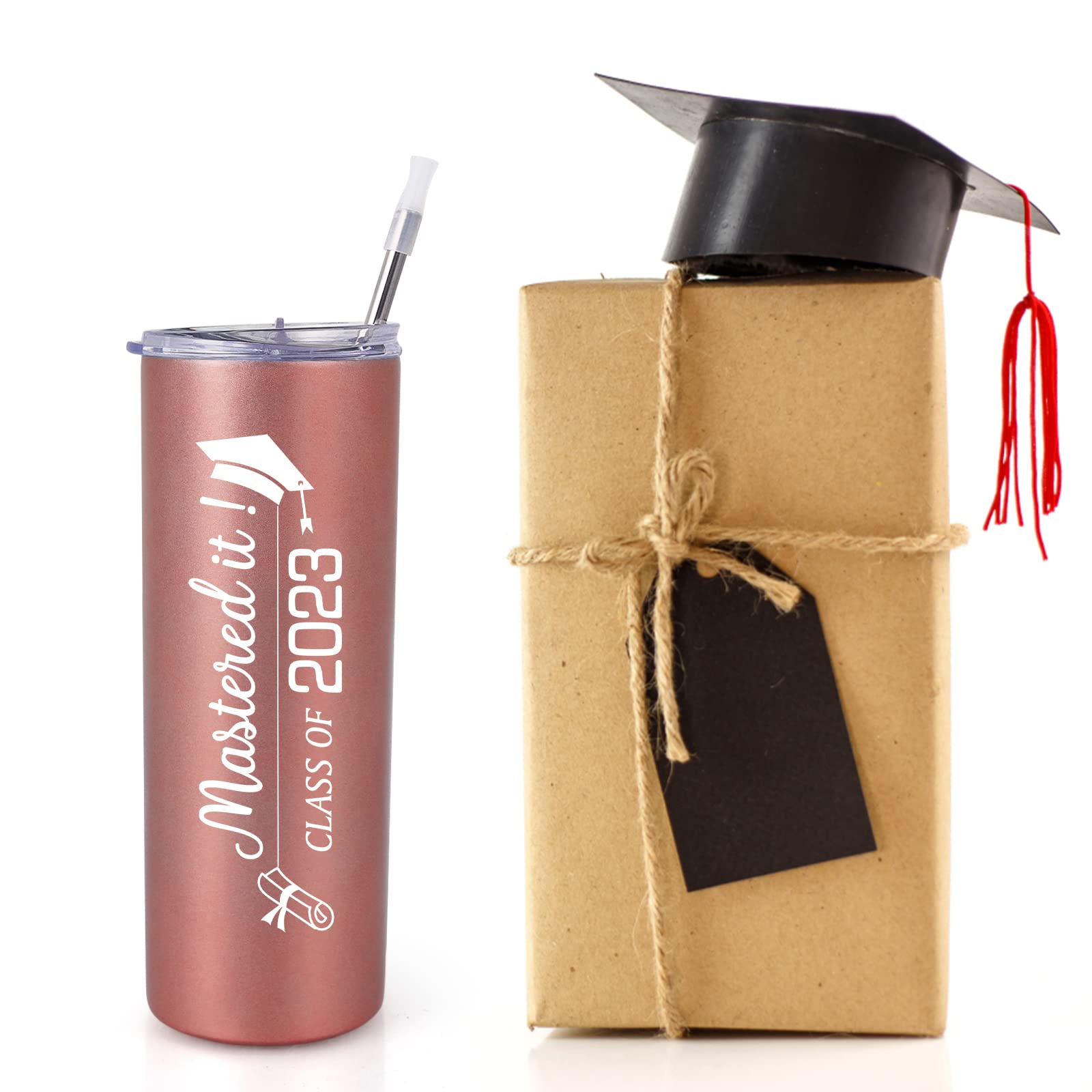 Lifecapido Graduation Gifts, Mastered It Class of 2023 Skinny Tumbler with Lid and Straw, Graduation 20oz Stainless Steel Tumbler for High School College Graduates, Masters Graduates, Rose Gold