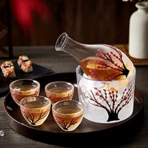 dujust japanese sake set for 4, handcraft pink cherry blossoms design, 1 sake bottle, 1 sake tank and 4 sake cups, cold/warm/hot sake carafe, special japanese gifts set - 6 pcs