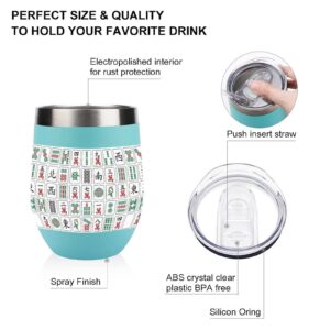 Chinese Mahjong Wine Tumbler with Sliding Lid Stemless Stainless Steel Insulated Cup Outdoor Camping Mug green-style1