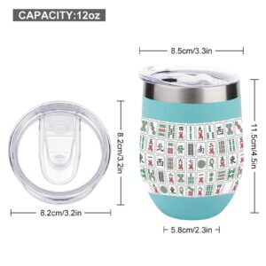 Chinese Mahjong Wine Tumbler with Sliding Lid Stemless Stainless Steel Insulated Cup Outdoor Camping Mug green-style1