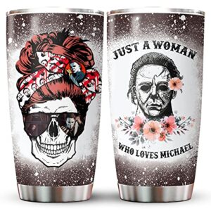 xxme horror movies 20 oz tumbler with lid, just a woman who loves horror movies large tumbler, insulated travel coffee tumbler, gifts for scary movie fan, gifts for halloween, grey 2, 2 piece set