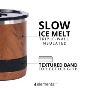 Elemental Recess Lowball Tumbler, 10oz Triple Wall Stainless Steel Cup with Non-Shattered Tritan Lid, Insulated Whiskey Glass, Insulated Coffee Tumbler Mug for Hot & Cold Drinks - Teak Wood