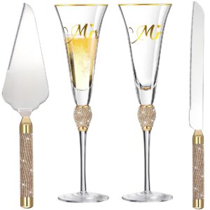 varlka wedding champagne flutes and cake knife server set mr and mrs champagne glasses cake cutting set for wedding 7oz crystal bride and groom toasting flutes engagement gift wedding gift