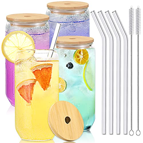 Drinking Glasses with Glass Straw and Bamboo Lids-4Pcs 16oz Can Shaped Glass Cups,2 Cleaning Brushes,Beer Glasses,Ideal for Whiskey,Cute Tumbler Cup,Iced Coffee Glasses,Cocktail,Soda, Tea,Gift