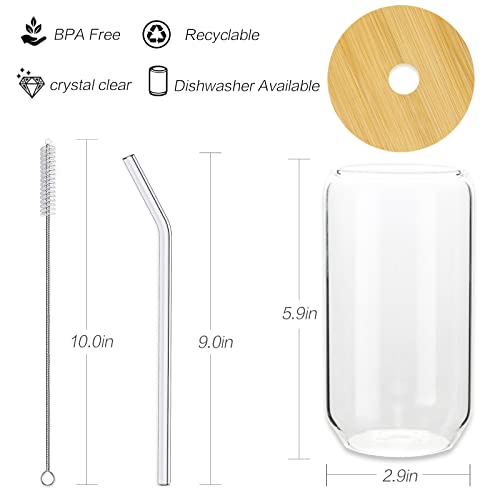 Drinking Glasses with Glass Straw and Bamboo Lids-4Pcs 16oz Can Shaped Glass Cups,2 Cleaning Brushes,Beer Glasses,Ideal for Whiskey,Cute Tumbler Cup,Iced Coffee Glasses,Cocktail,Soda, Tea,Gift