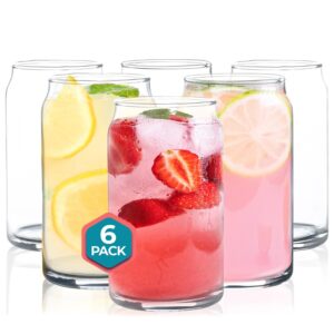 can shaped drinking glasses 16 oz - 6 pack beer can glass cups set, clear pint beer glasses for soda, water, iced coffee, whiskey, cocktails, unique, aesthetic kitchen drinkware, dishwashable - 16oz