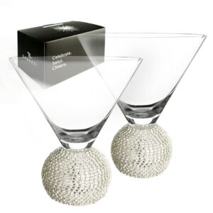 gemezzi stemless martini glasses set of 2, silver stemless modern cocktail glass, crystal ball base in elegant box, perfect bar accessories for margarita, manhattan, cosmos, mixed drinks, and desserts