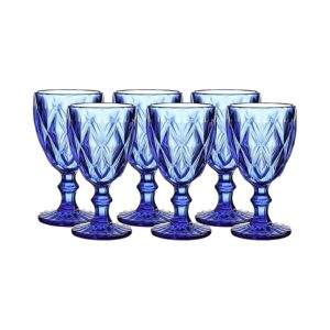 WHOLE HOUSEWARES | Goblet Glass Drinkware Set | Vintage Drinking Cups | 9.5oz Water Goblets Glasses | Set of 6 Colored Glassware for Kitchen | For Wedding or Parties | Cobalt Blue Diamond Pattern