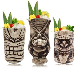 tiki mugs set - large ceramic tiki mug, cocktail mugs for mai tai, punch, pina colada, and tropical bar drinks (tikiset)